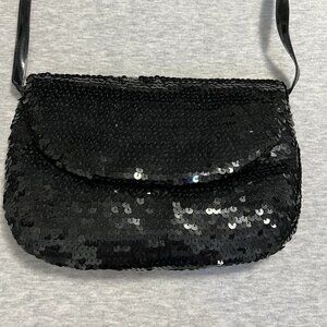 Vintage Frederico Leone Black Sequin Small Evening Bag Clutch Strap Holiday